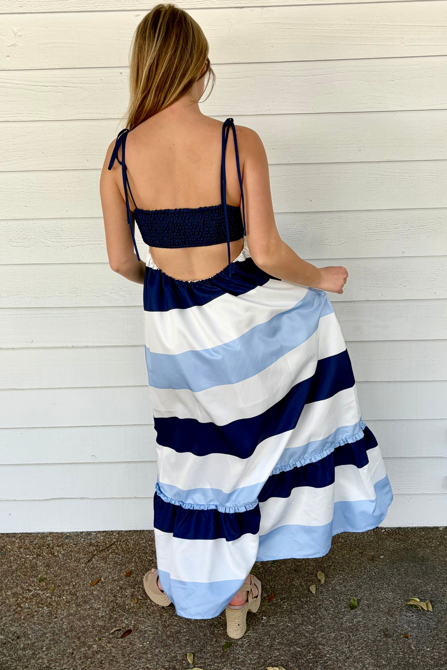 Day Dreamer Blue and White Striped Maxi Dress with Tie Straps and Ruffle Hem
