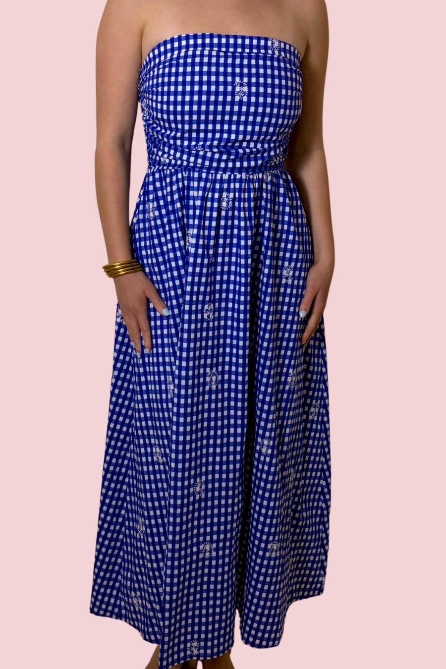 Sweetheart Blue Strapless Gingham Maxi Dress