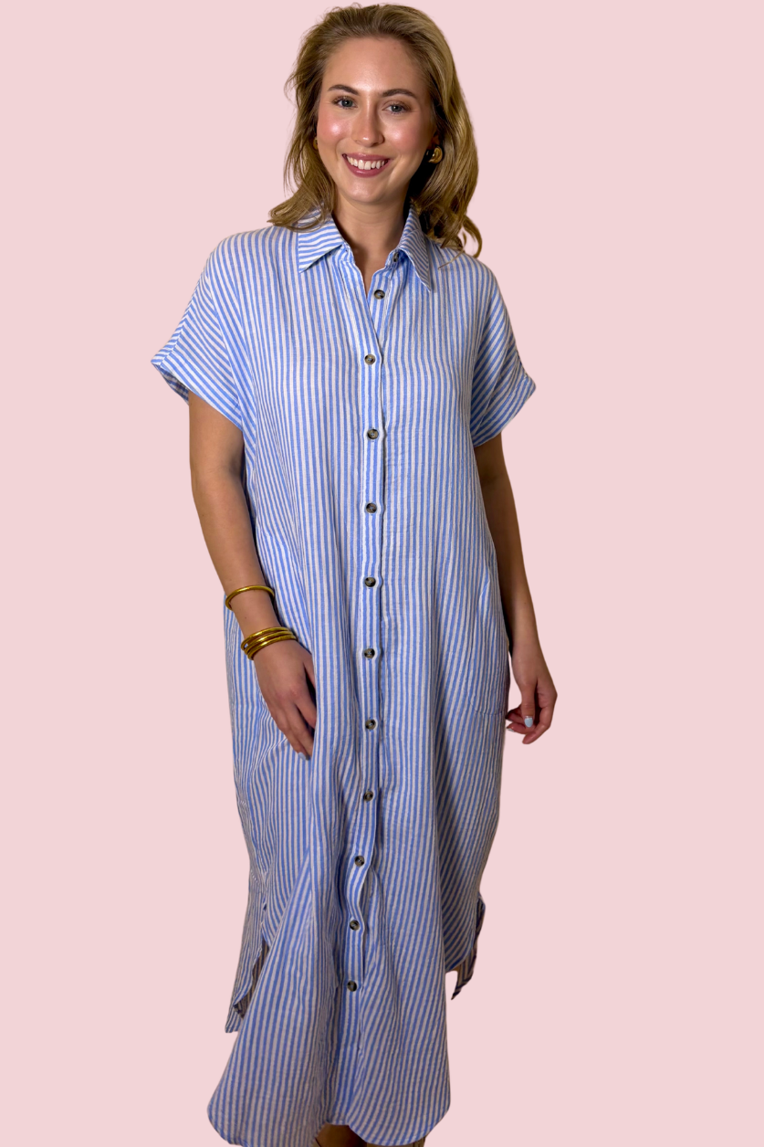 Sloane Blue Striped Button Down Midi Shirt Dress