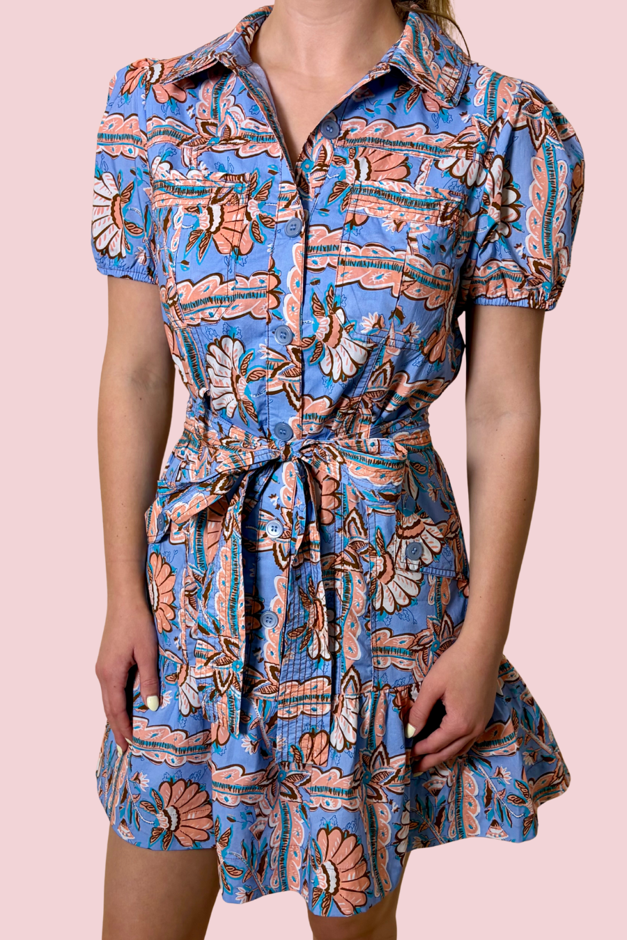 Petal Press Blue Floral Print Shirt Dress with Puff Sleeves and Tie Waist