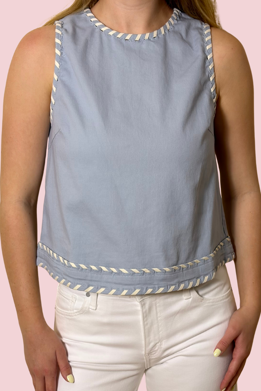 Clean Slate Dusty Blue Sleeveless Blouse with Contrast Trim Detail and Lightweight Fit