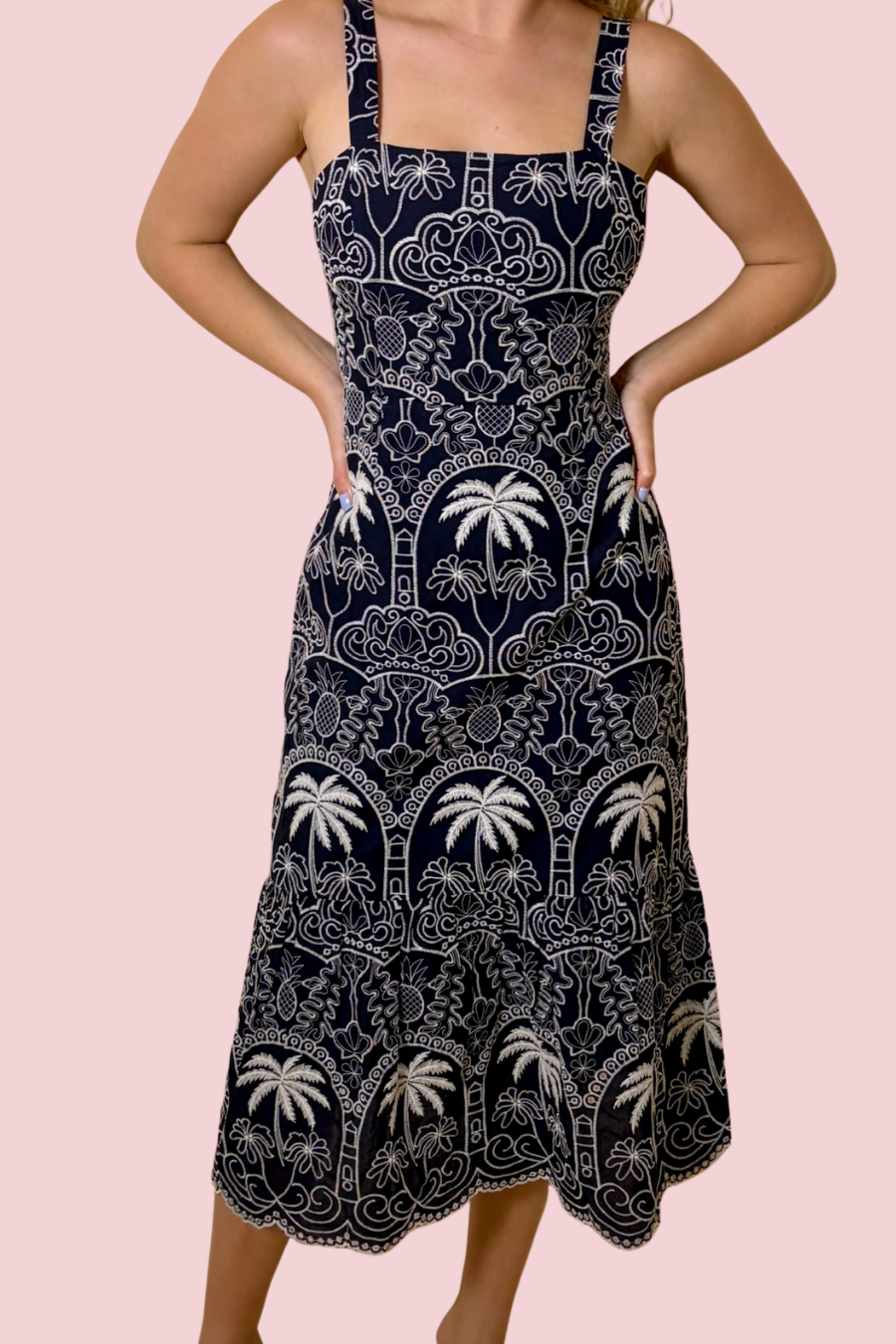 Evangeline Embroidery Printed Midi Dress with Square Neck and Wide Straps