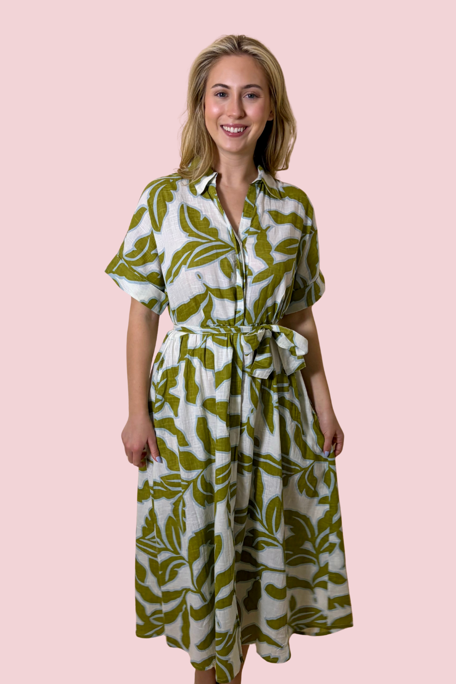 Palm Breeze Floral Print Midi Shirt Dress with Tie Waist and Short Sleeves