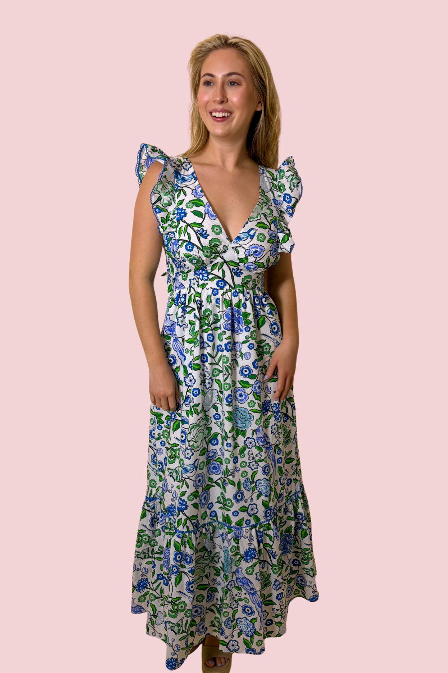Bloom Haven Floral Print Maxi Dress with Ruffle Sleeves and V Neck