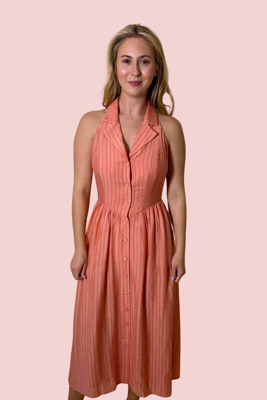Mia Coral Sleeveless Button Down Collared Midi Dress with Cinched Waist