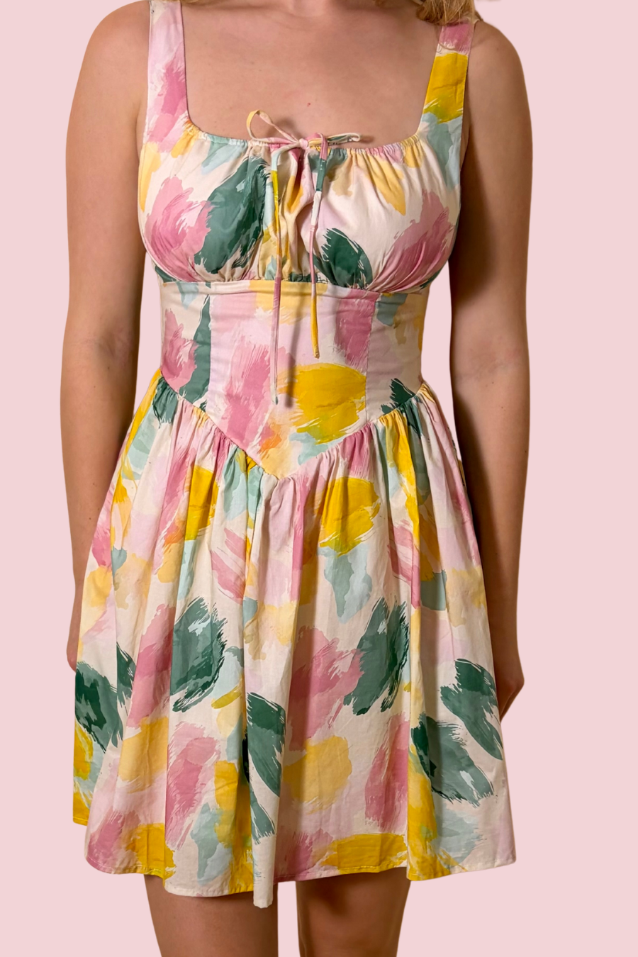 Painted Garden Women’s Floral Print Mini Dress with Square Neck and Pockets