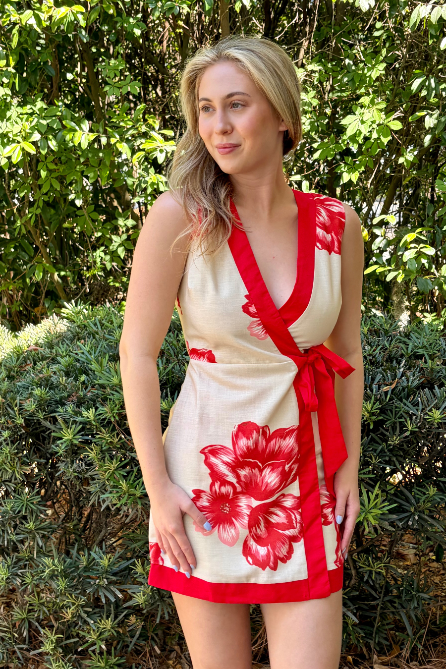Amara Floral Print Wrap Mini Dress with Contrast Trim and Tie Waist