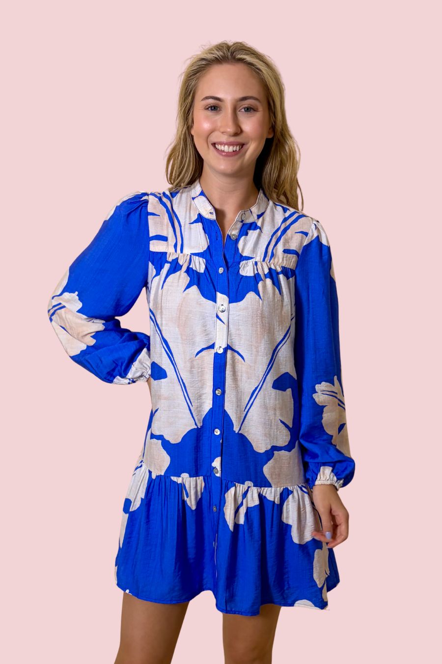 Ella Blue and White Floral Print Long Sleeve Button Down Shirt Dress Mini