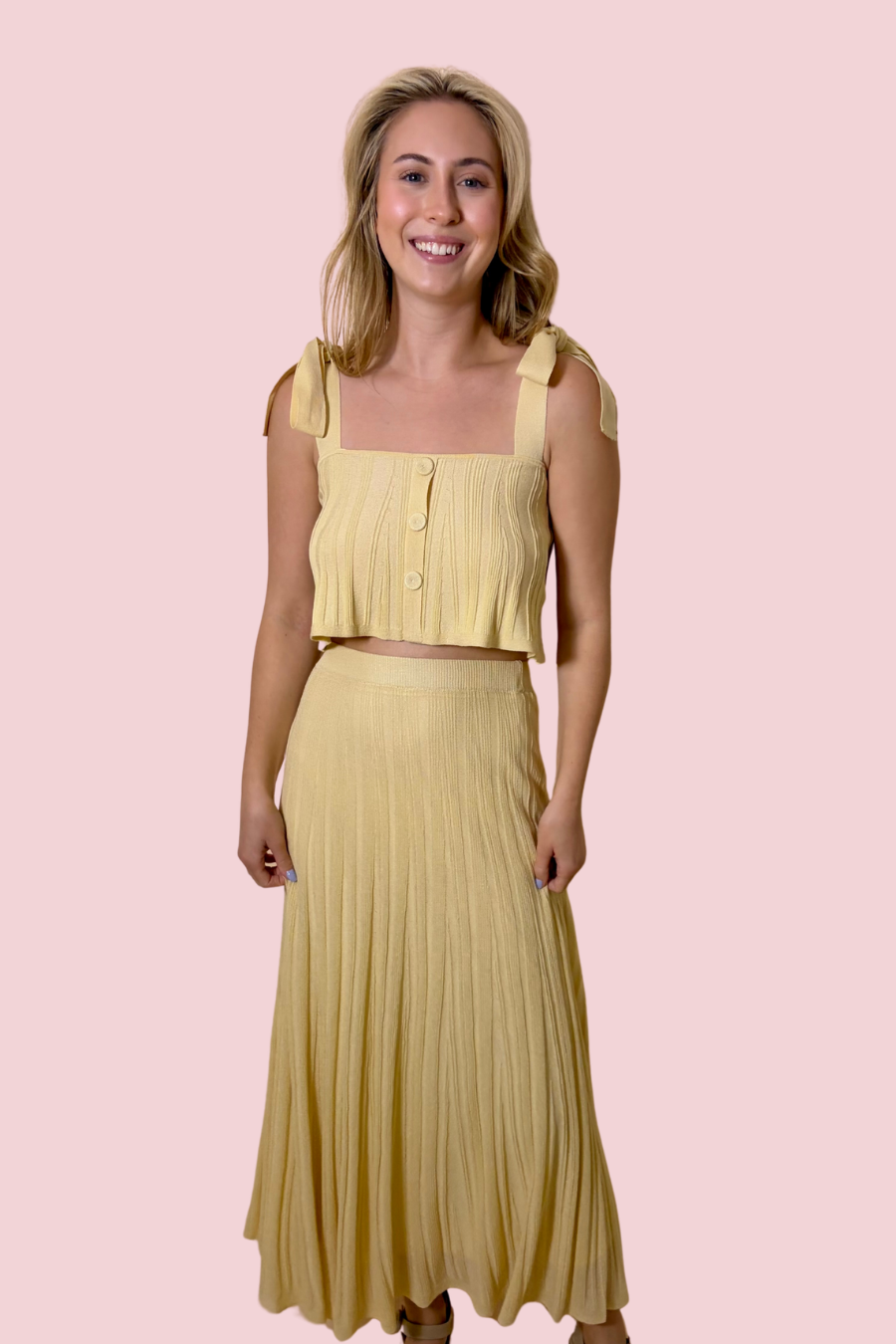 Soft Glow Pleated Midi Skirt and Crop Top Two Piece Set with Tie Straps