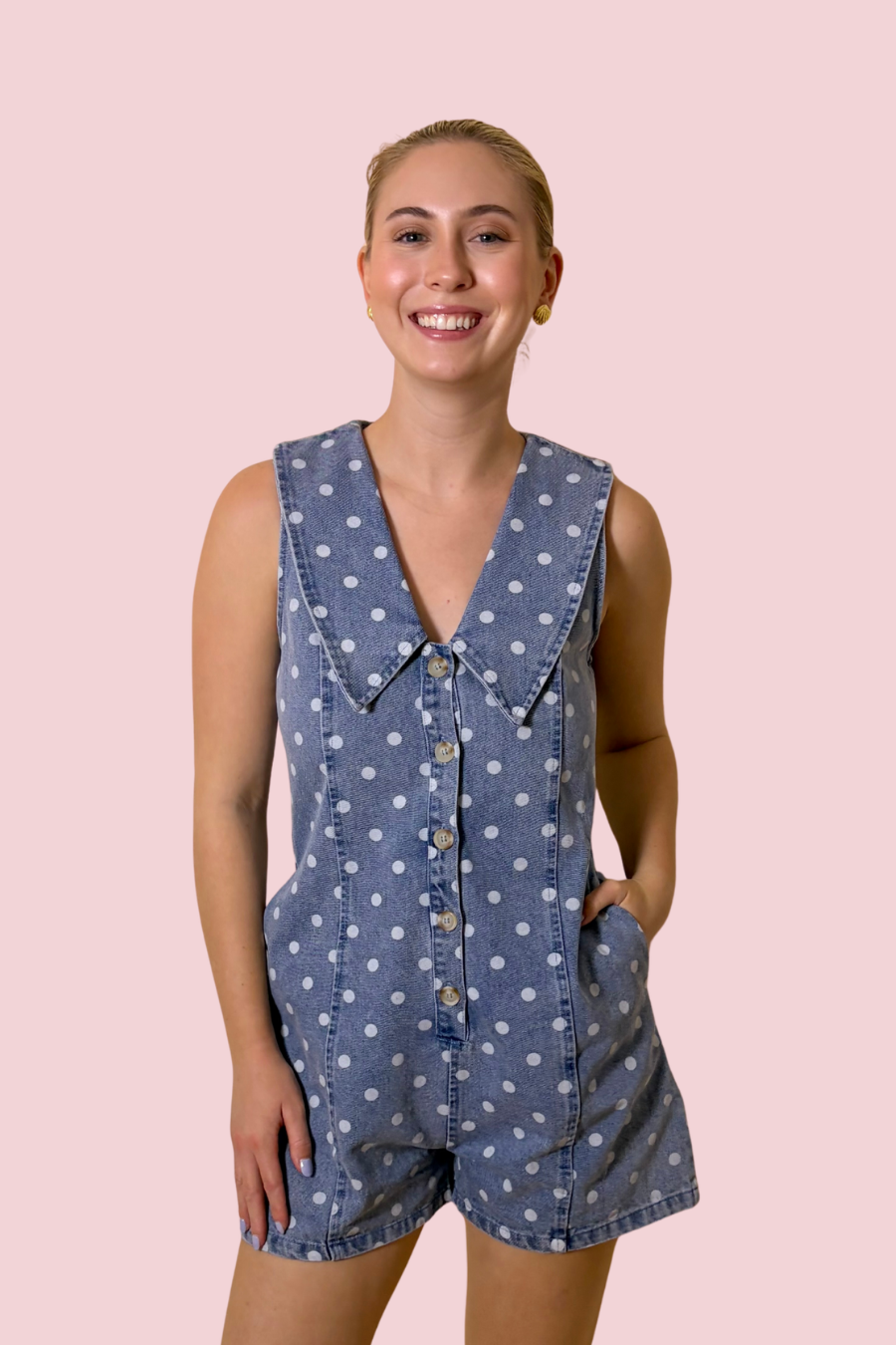 Denim Dot Sleeveless Button Front Romper with Collar