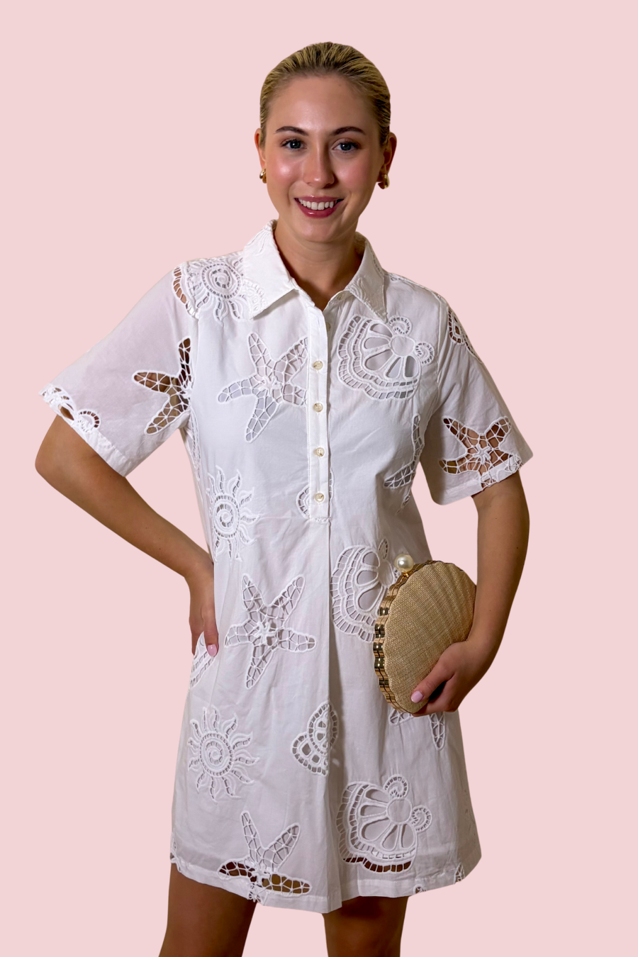 Isla Embroidered Shirt Dress with Short Sleeves and Button Front