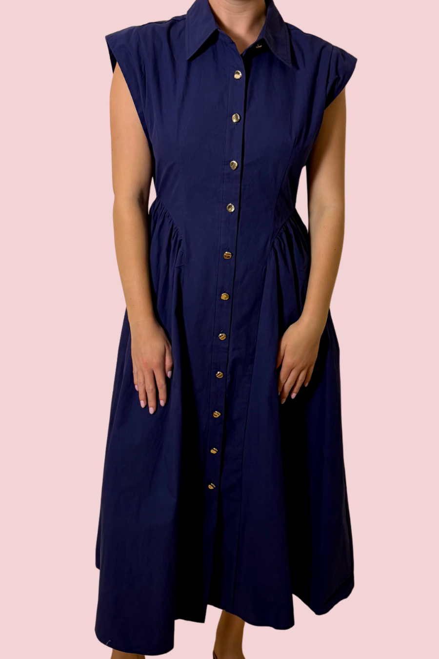 Show Me the Way Collared Midi Dress with Button Front, Cap Sleeves, and Side Pockets