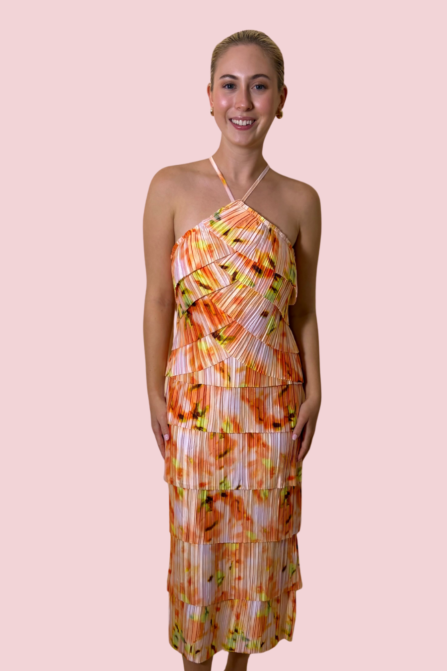 Sunset Bloom Pleated Halter Top with Tiered Ruffle Layers and Abstract Print