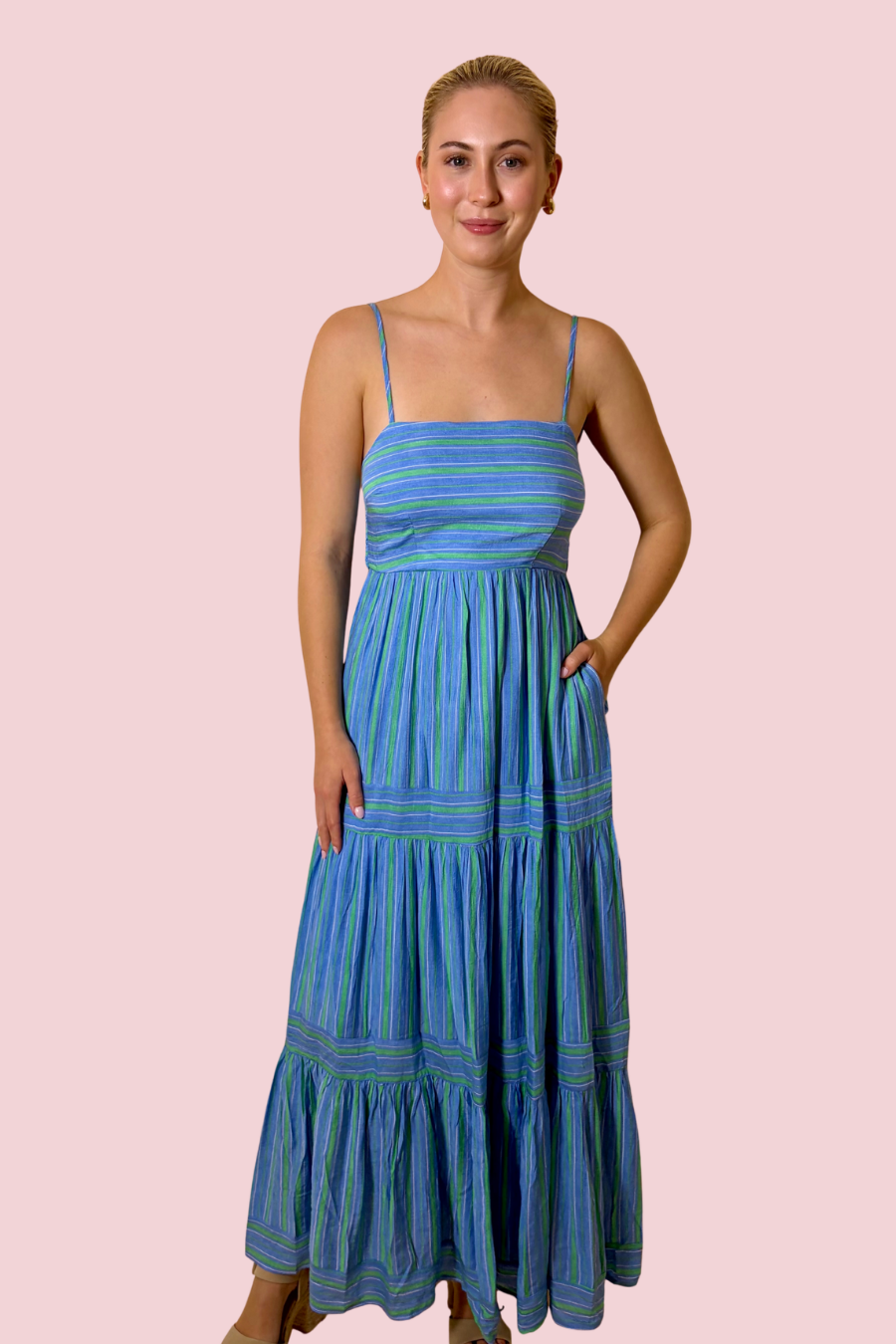 Coastal Drift Striped Tiered Maxi Dress with Spaghetti Straps and Smocked Bodice