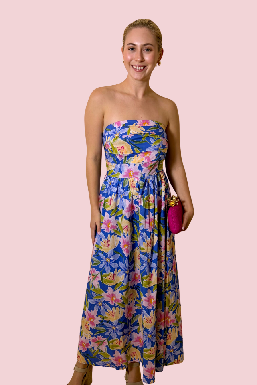 Sunset Petal Sky Blue Floral Strapless Maxi Dress with Smocked Bodice and Flowy Skirt