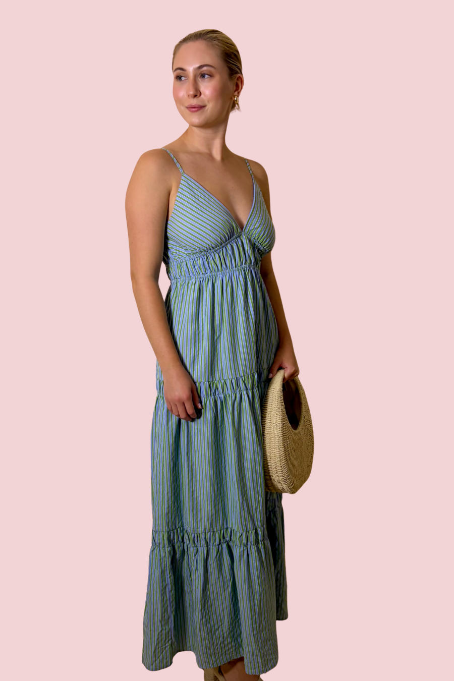 Easy Day Blue and Green Striped Maxi Dress with Spaghetti Straps and Smocked Waist