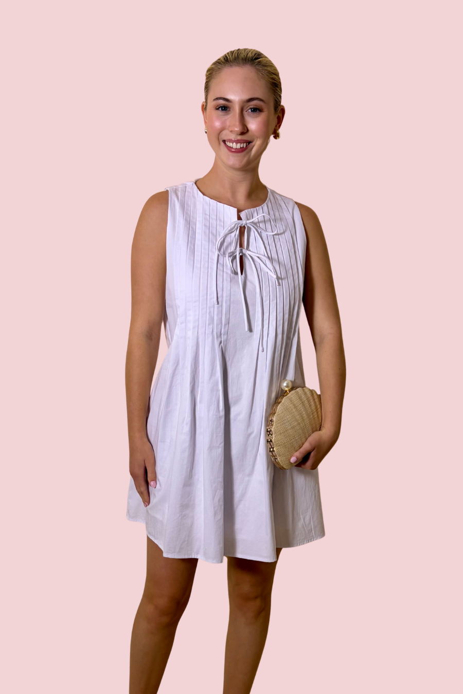 Sweet Detail A-Line Mini Dress with Pleated Front, Bow Detail and Lightweight Fabric