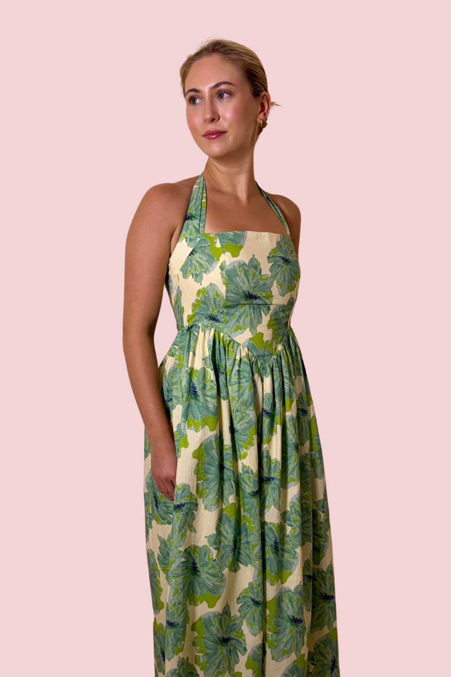 Bloom Where You Are Floral Halter Maxi Dress with Fitted Bodice and Full Skirt