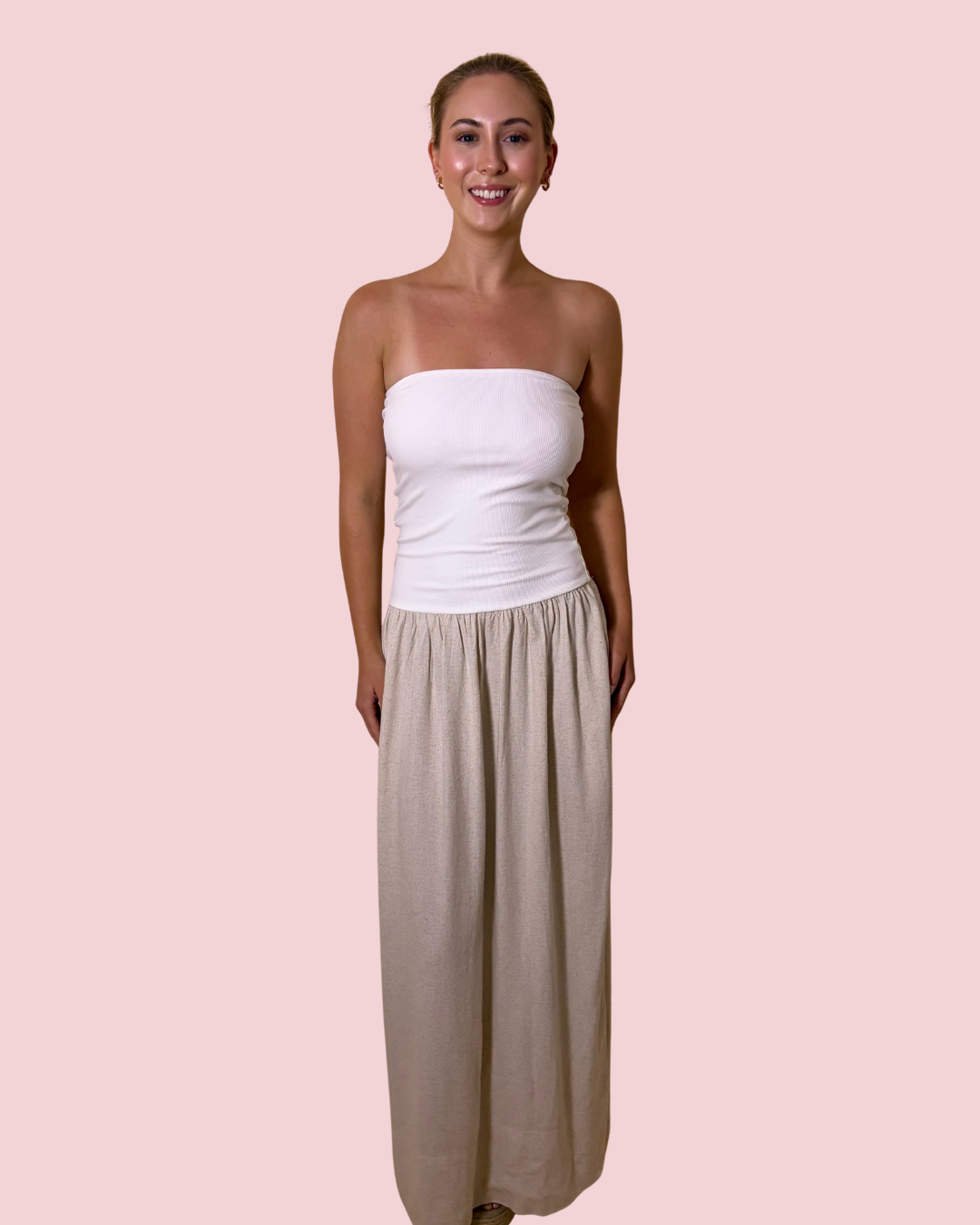 Soft Horizons Strapless Smocked Maxi Dress with Flowy Linen Blend Skirt