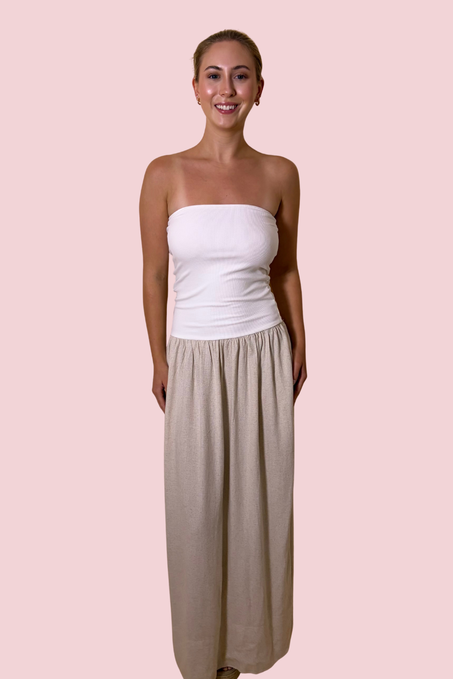 Soft Horizons Strapless Smocked Maxi Dress with Flowy Linen Blend Skirt