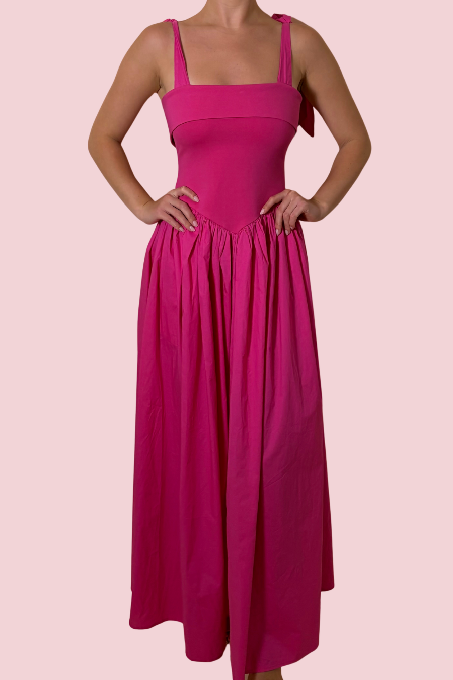 Turning Heads Pink Maxi Dress with Bow Tie Shoulder Straps and Full Skirt