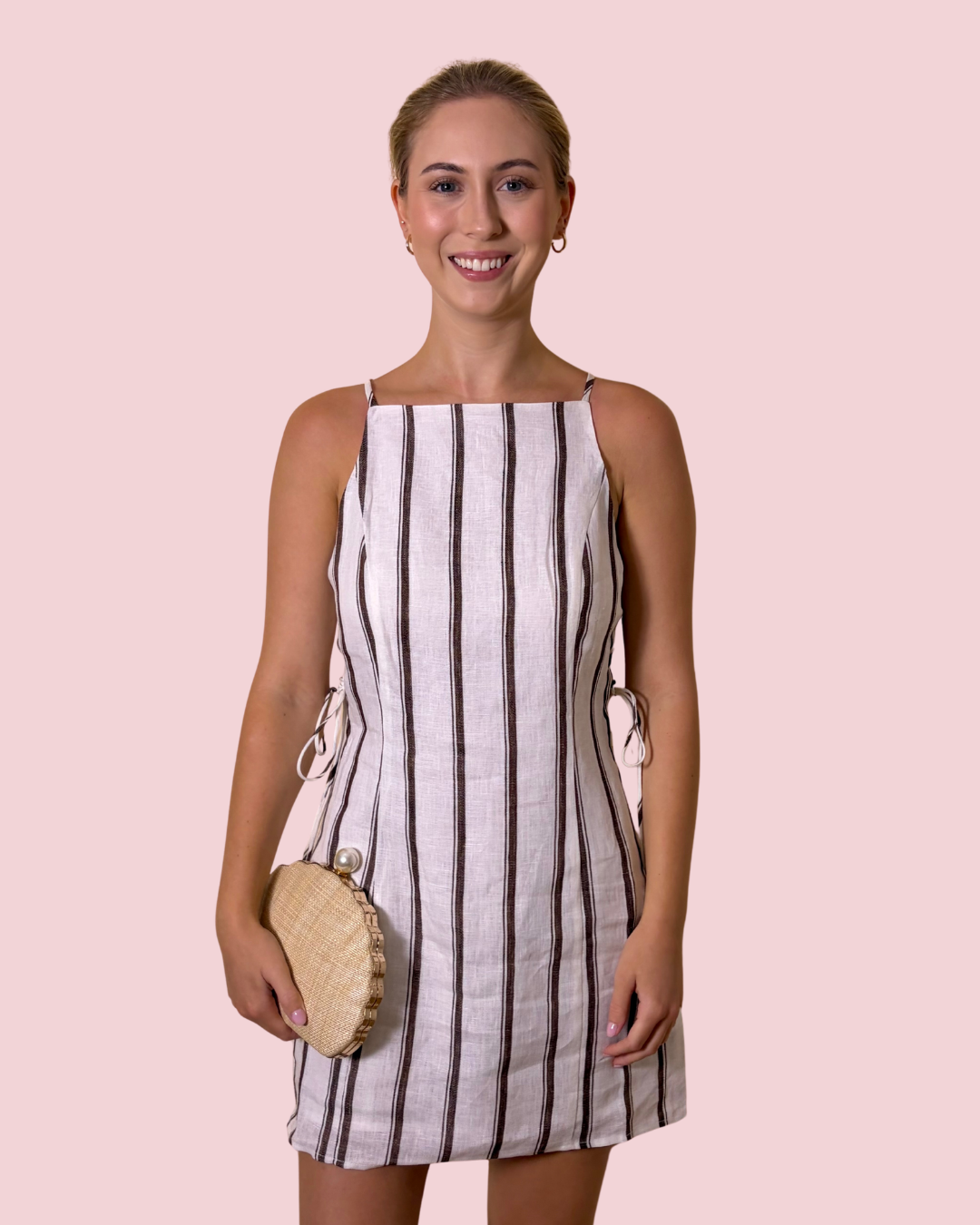 Easy Choice Brown Stripe Linen Blend Mini Dress with Side Tie Detail