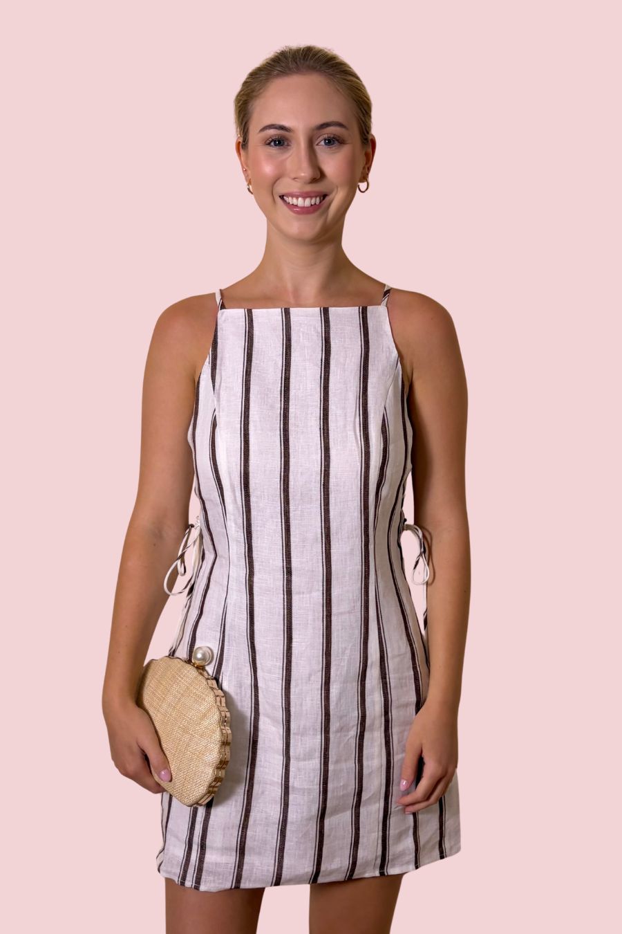 Easy Choice Brown Stripe Linen Blend Mini Dress with Side Tie Detail