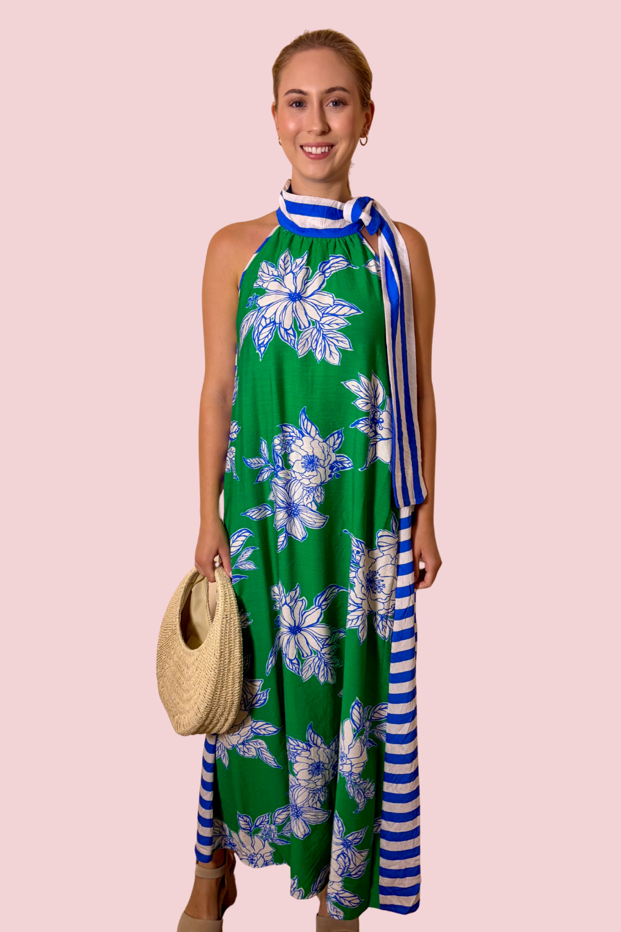 La Dolce Vita Women’s Floral Print Halter Maxi Dress with Striped Scarf Tie Detail