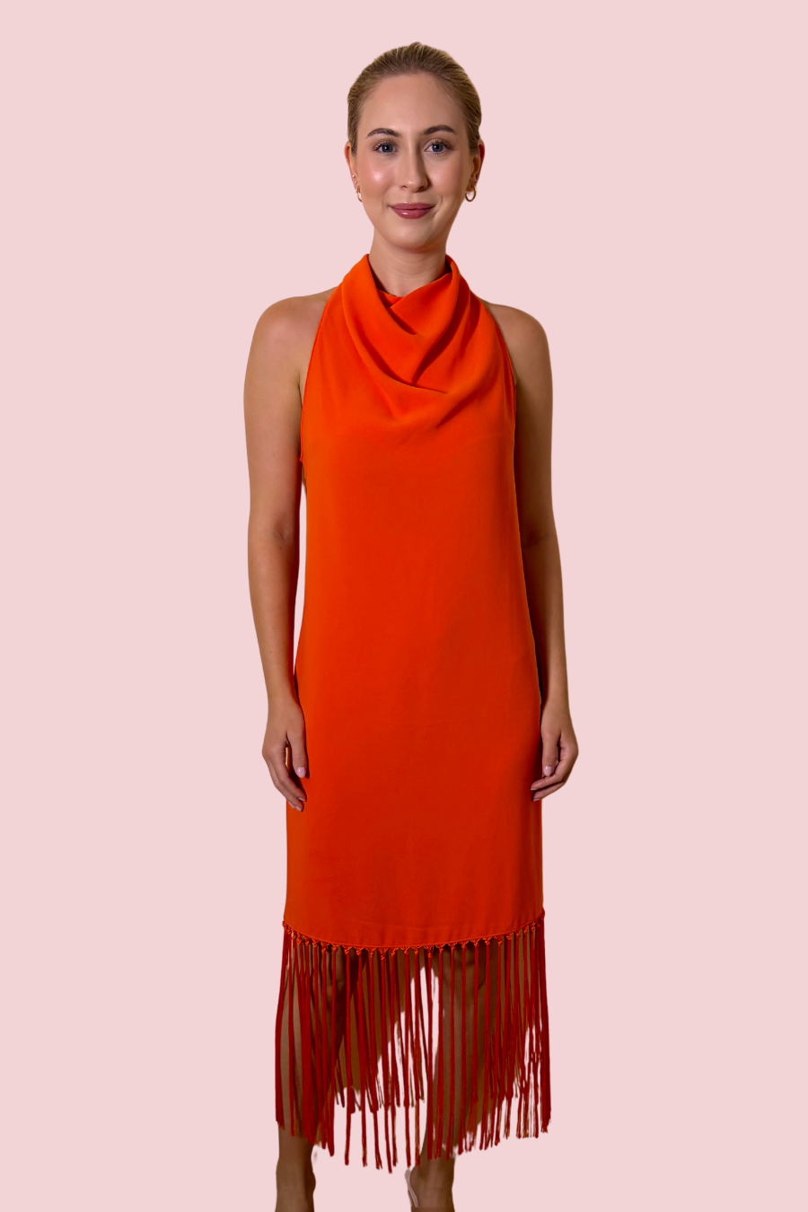 Syd Fringe Hem Midi Dress with Draped High Neck and Sleeveless Silhouette
