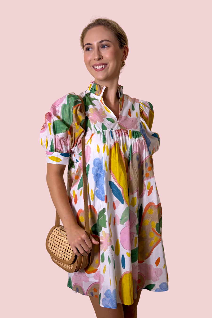 Sunshine Sketch Multicolor Floral Print Puff Sleeve Mini Dress with Ruffle Collar