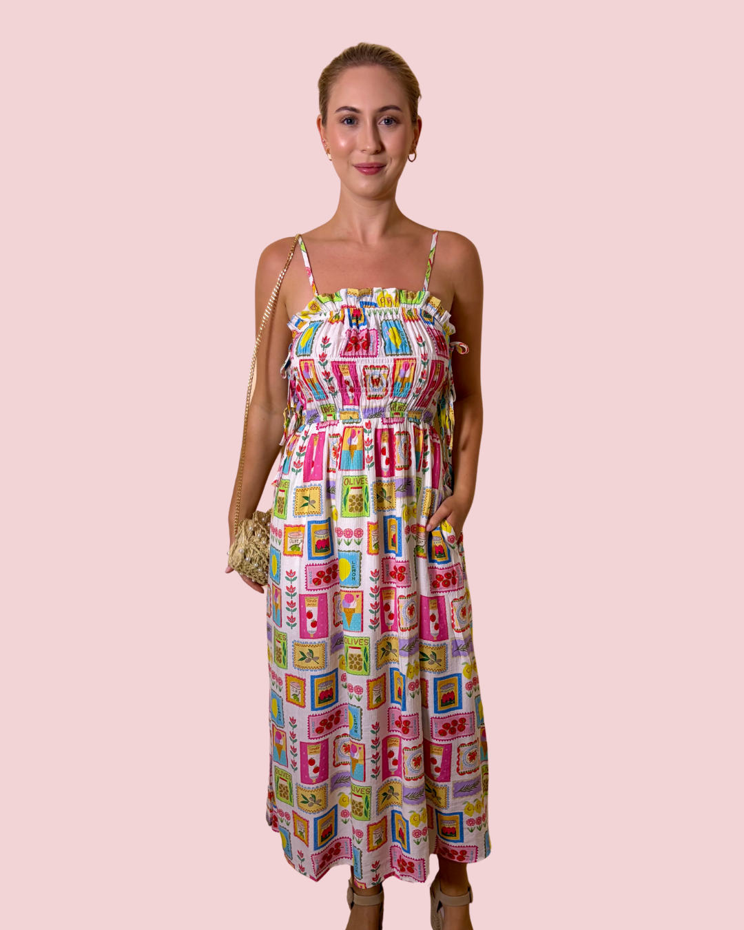 Wish You Were Here Colorful Patchwork Print Smocked Midi Dress with Adjustable Straps