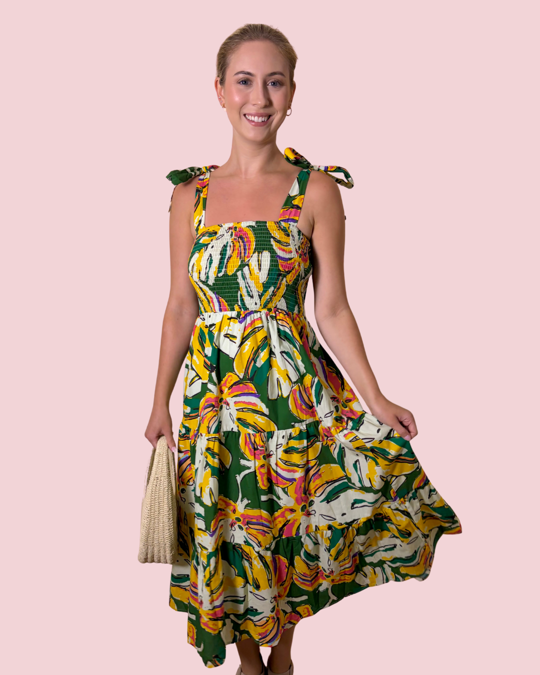 Tropic Like It's Hot Tropical Print Smocked Midi Dress with Tie Shoulder Straps