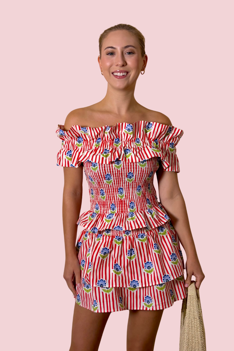 Summer Spritz Red Stripe Floral Off-the-Shoulder Smocked Peplum Top