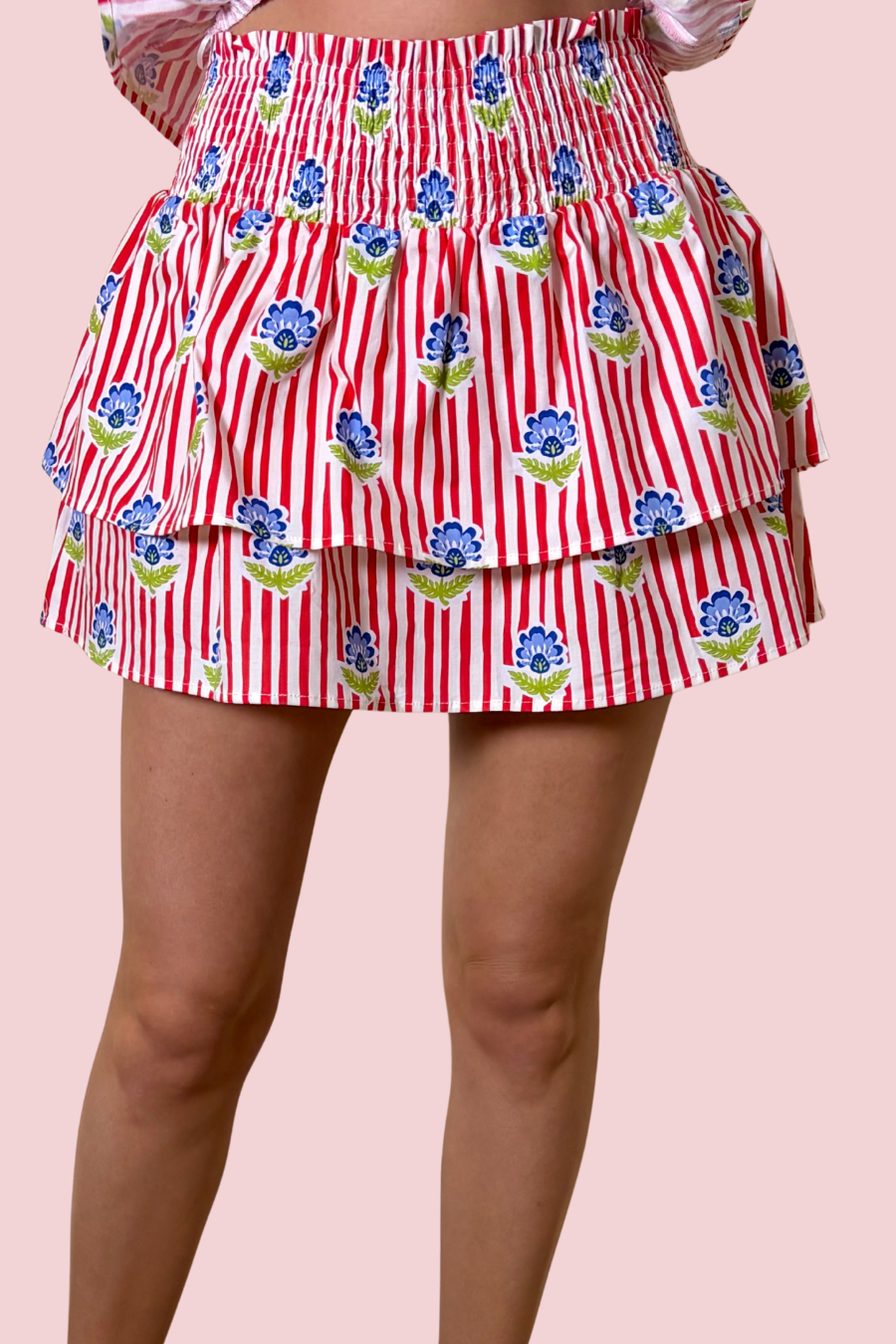 Summer Spritz Red Stripe Floral Tiered Ruffle Skort with Built-In Shorts