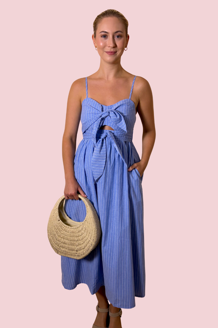 Caught in a Daydream Blue and White Stripe Cutout Midi Dress with Bow Front Detail