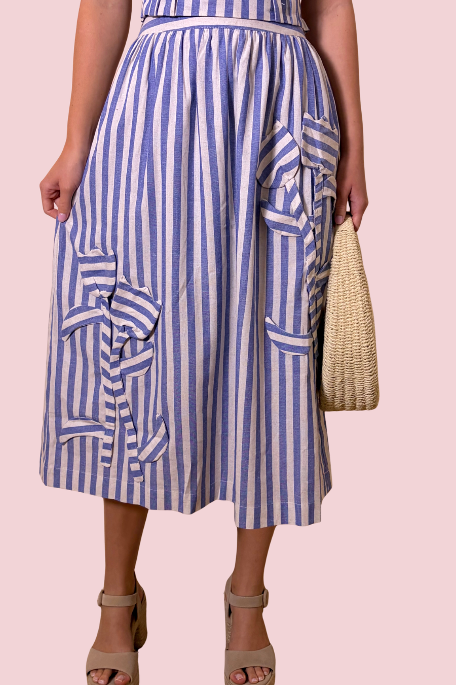 Everly Striped 3D Floral Detail Midi Skirt