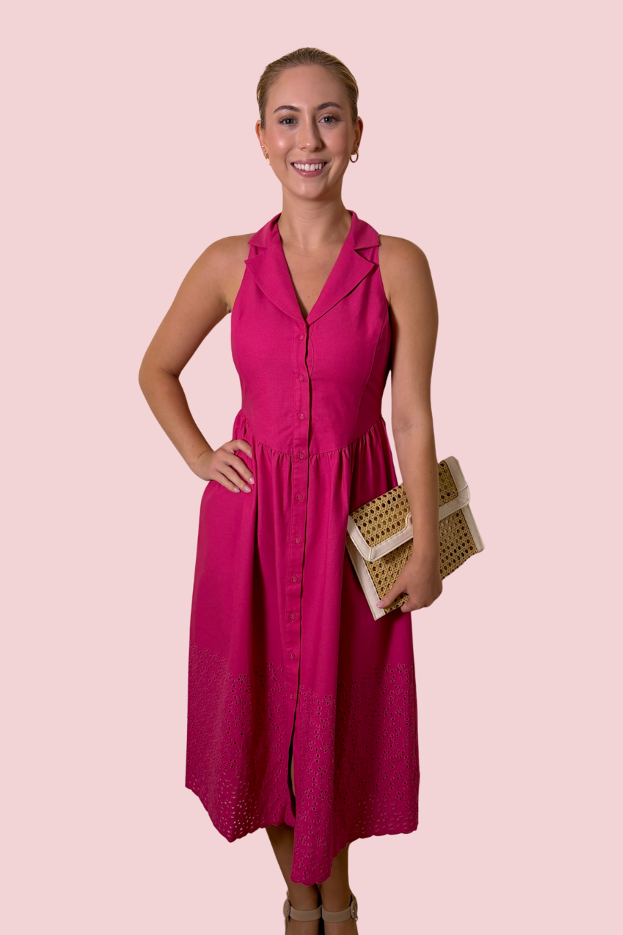 Anastatia Fuchsia Embroidered Halter Midi Dress