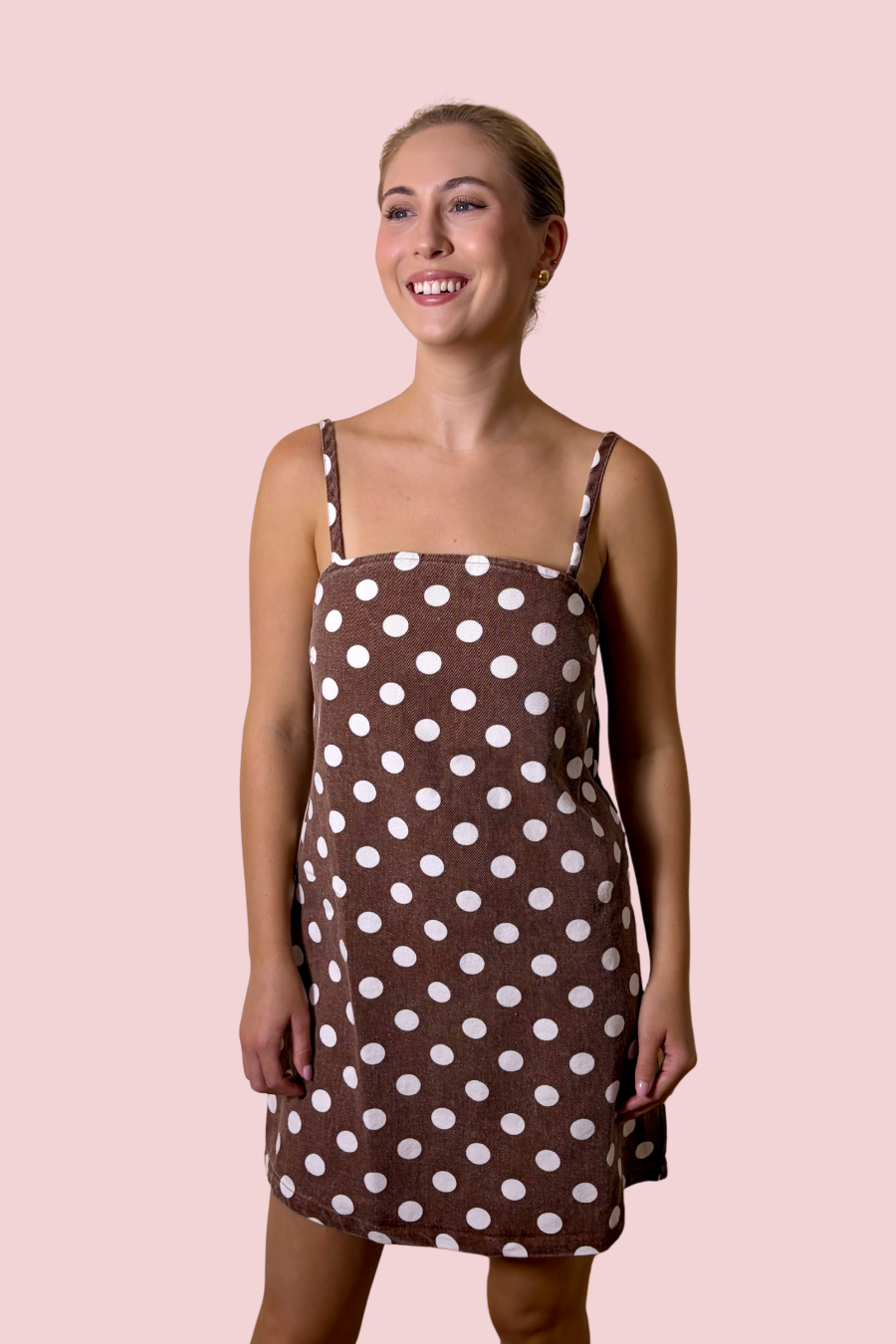 Dot to Dot Brown Polka Dot Mini Slip Dress with Spaghetti Straps