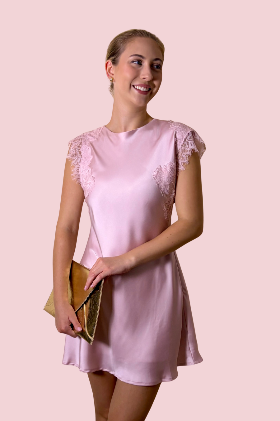 Blush & Lace Blush Pink Satin Mini Dress with Lace Cap Sleeves