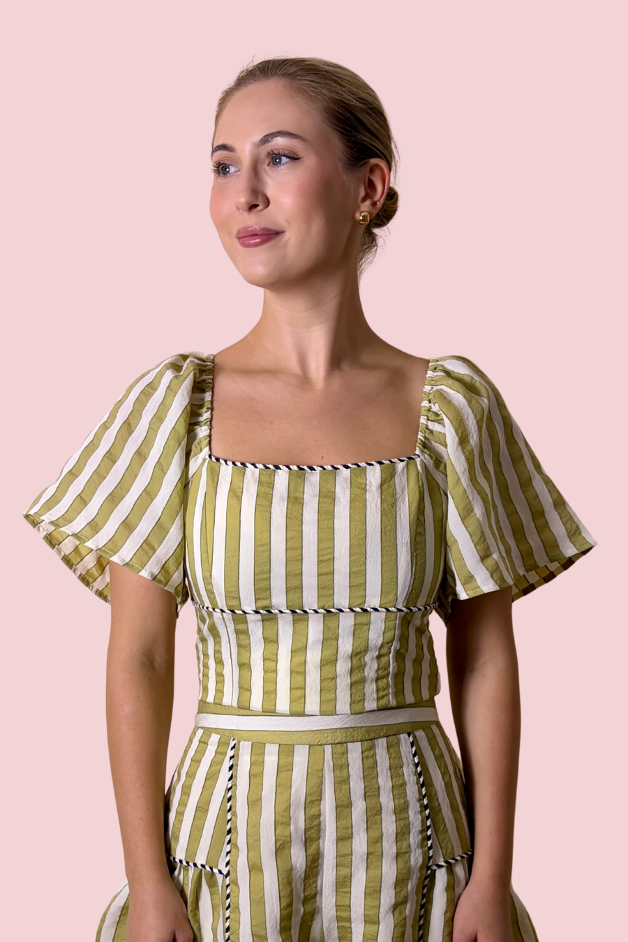 Priscila Olive Green Striped Puff Sleeve Square Neck Top