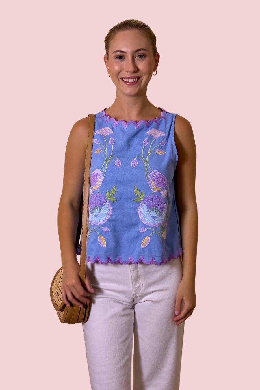 Cottage Crush Embroidered Floral Sleeveless Top with Scalloped Trim