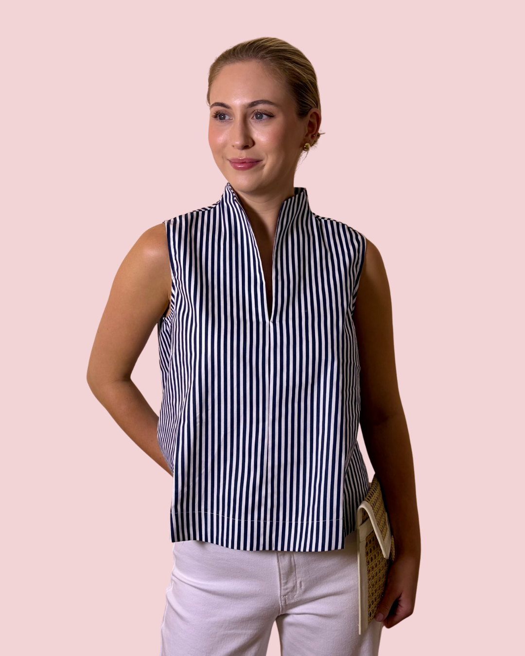 Better Than Basic Striped Sleeveless Blouse with Split Neck Collar