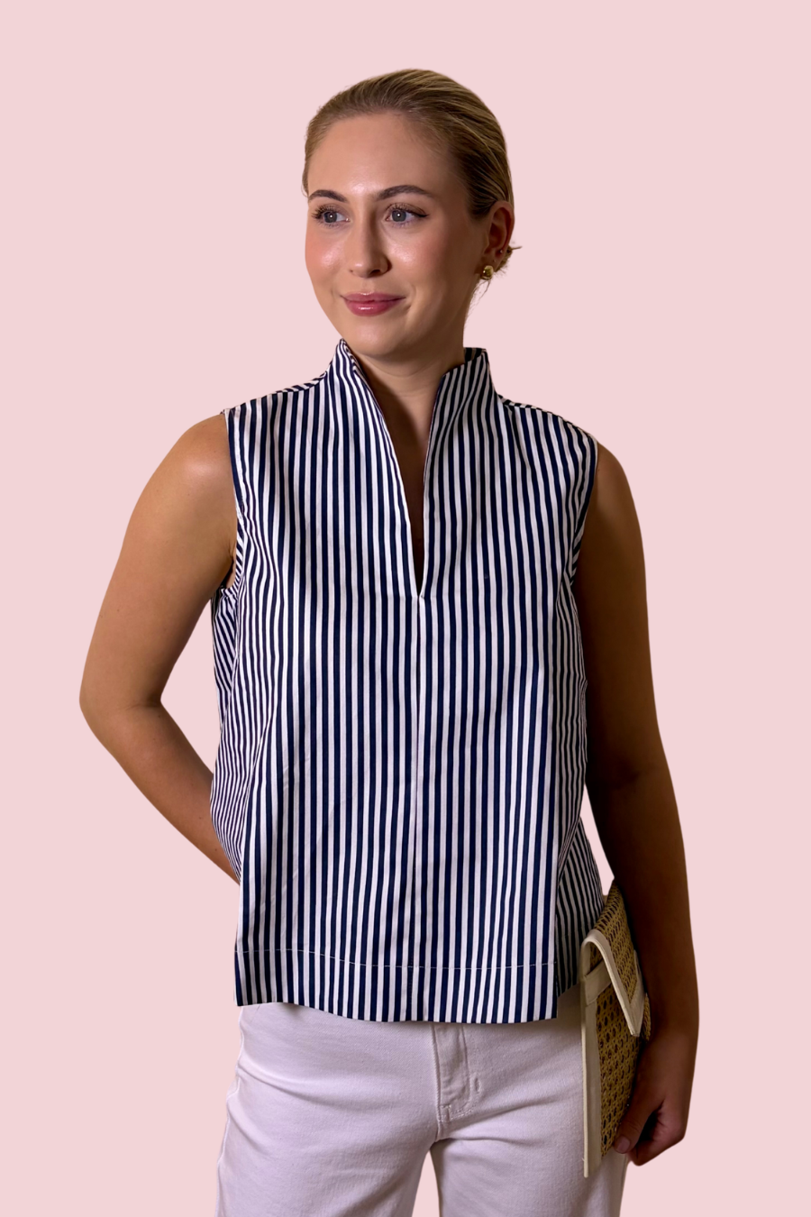 Better Than Basic Striped Sleeveless Blouse with Split Neck Collar