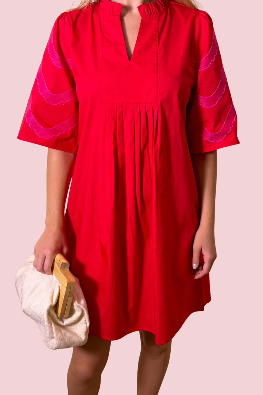 Catching Feelings Red Pleated Shift Dress with Embroidered Scallop Sleeves