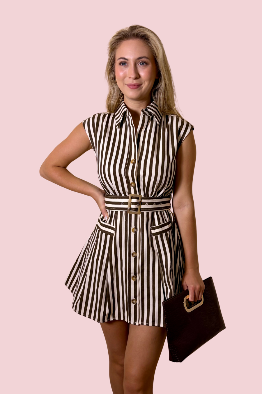 Chic Society Striped Belted Button Front Mini Shirt Dress with Collared Neck