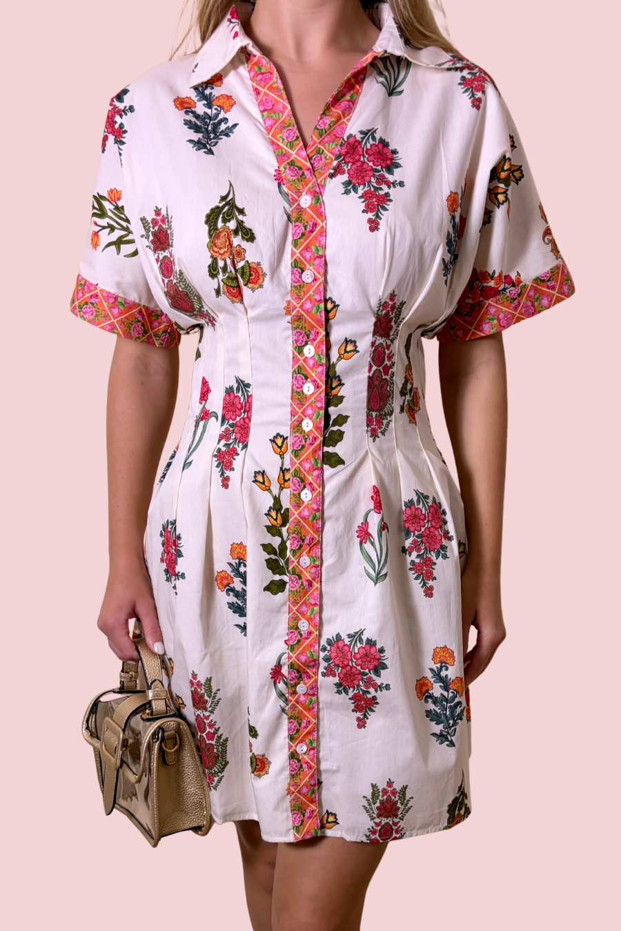 Flower Market Floral Print Collared Mini Dress with Contrast Trim and Pockets