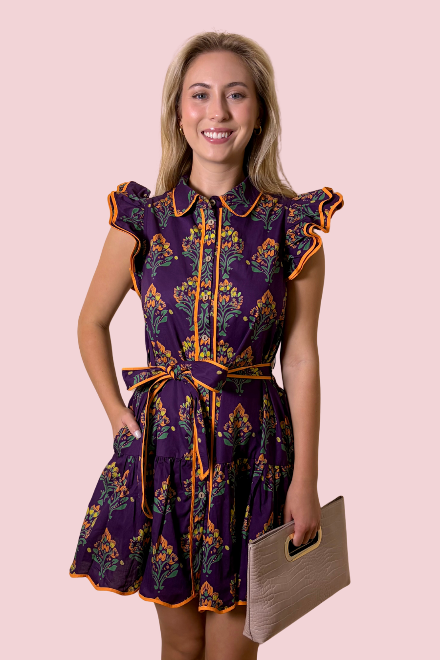 Autumn Bloom Purple Floral Ruffle Sleeve Mini Dress with Contrast Trim
