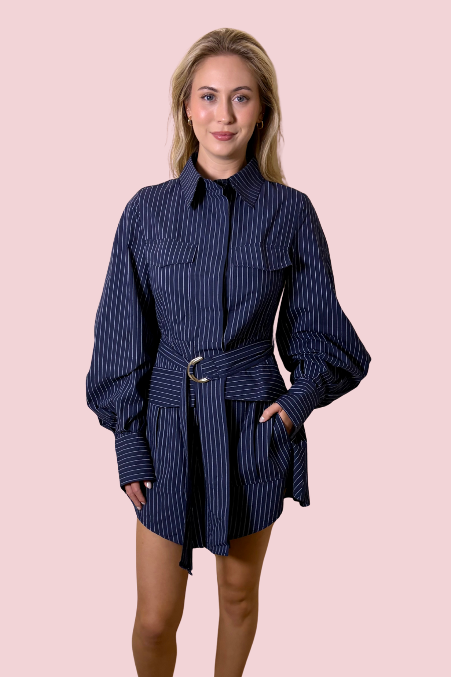 Power Move Pinstripe Belted Shirt Mini Dress with Long Balloon Sleeves & Collared Neck