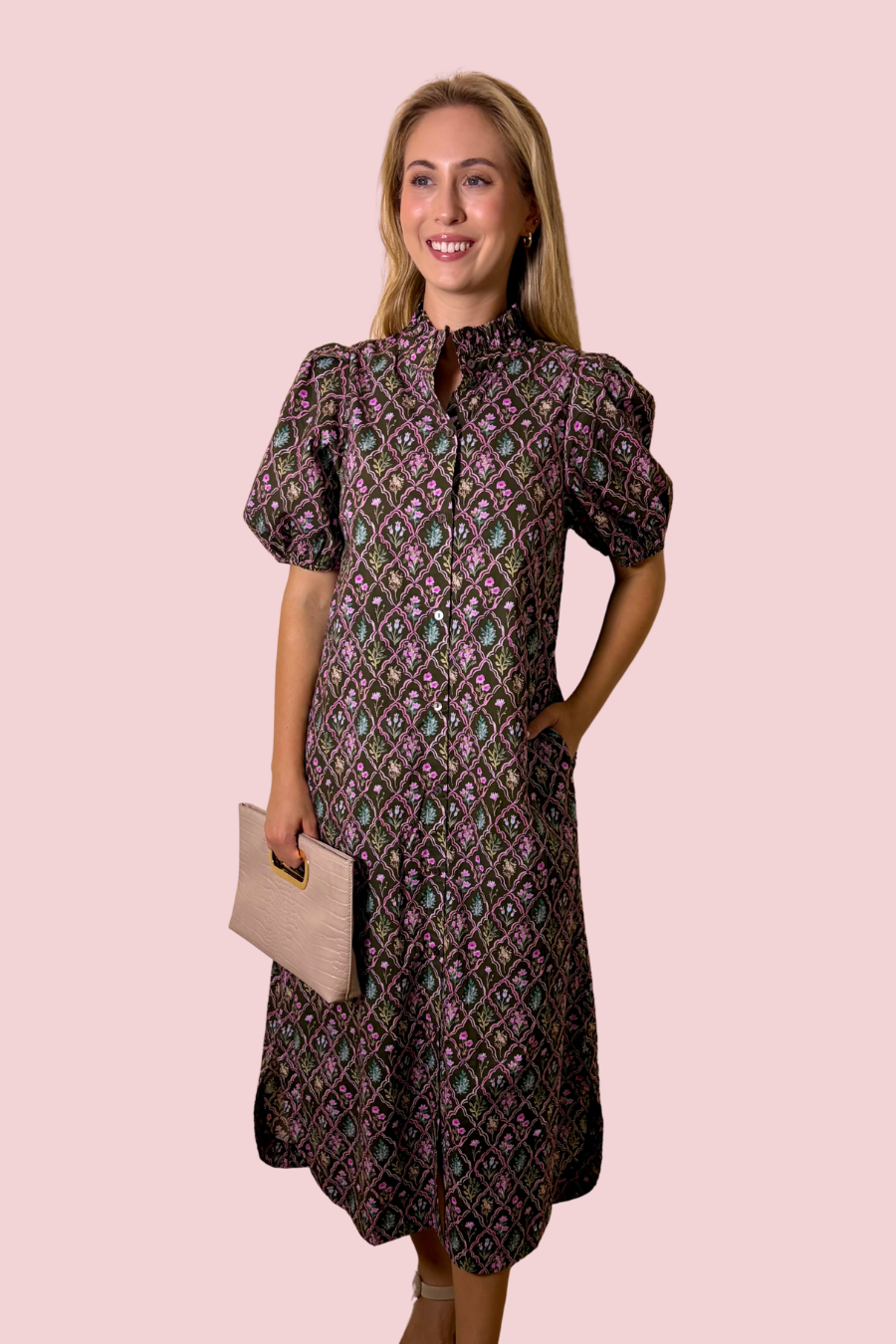 Hidden Gem Curated Relaxed Fit Printed Midi Dress with Puff Sleeves