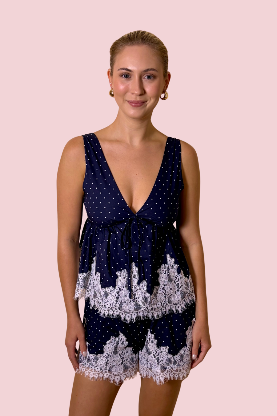 Love Story Tie Front Lace Trim Top & Flowy Shorts Matching Set